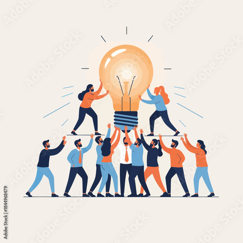 Team Lifting Large Light Bulb Together.