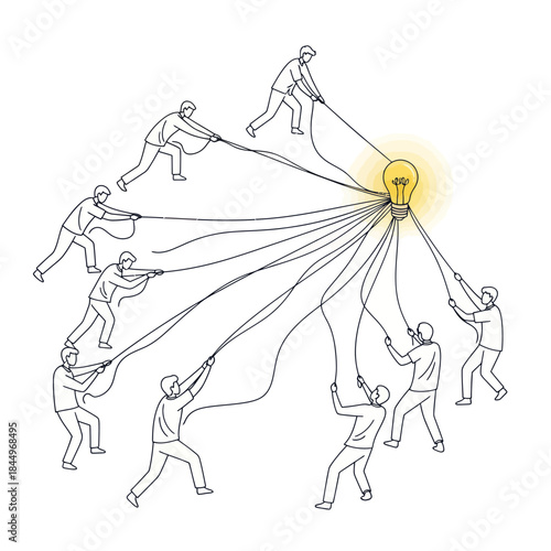 People Pulling Ropes Towards Light Bulb.