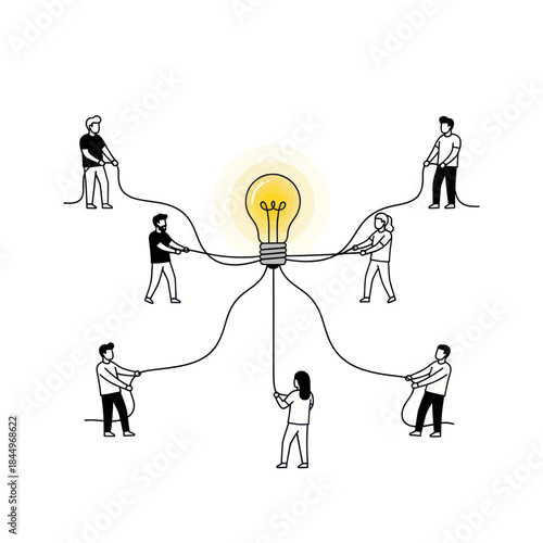 People Pulling Ropes to Light Bulb.