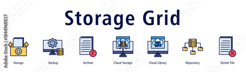 Storage Grid web banner icon vector illustration with icons of Storage, Backup, Archive, Cloud Storage, Cloud Library, Repository and Delete File.