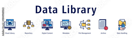 Data Library web banner icon vector illustration with icons of Cloud Library, Repository, Digital Content, Metadata, File Management, Archive and Data Handling.