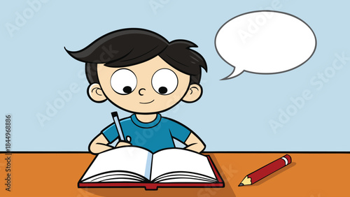 Boy thinking about what to write on a book and speech bubble