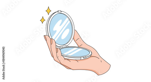 Illustration of a hand holding an open, sparkling clean compact mirror, reflecting light and symbolizing beauty and self-reflection.