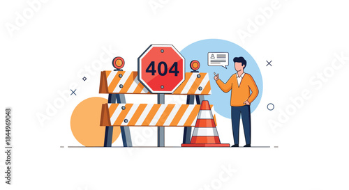 Website error 404 page not found concept with a man standing by a construction barrier and a stop sign.