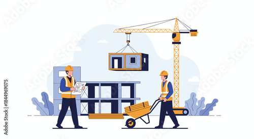 Construction site scene with two builders in hard hats, one with blueprints and the other with a wheelbarrow, and a crane.
