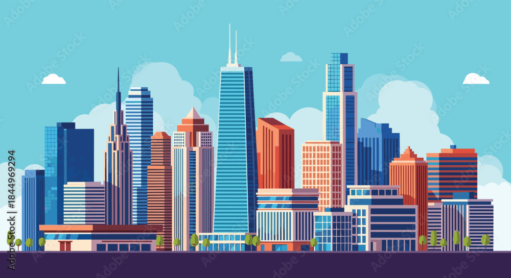 Obraz premium Modern city skyline with a variety of skyscrapers and office buildings under a blue sky with a few white clouds.