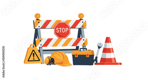 Website under construction and page maintenance concept with a barrier, stop sign, traffic cone, toolbox, and hard hat.