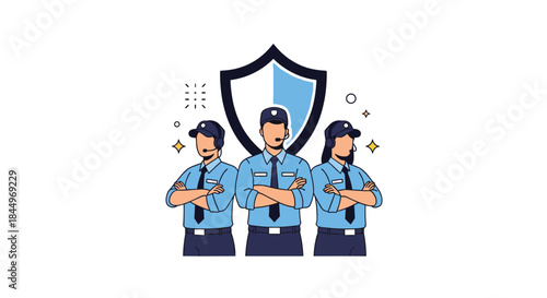 Security guard team of men and women in uniform standing with crossed arms in front of a large protection shield icon.