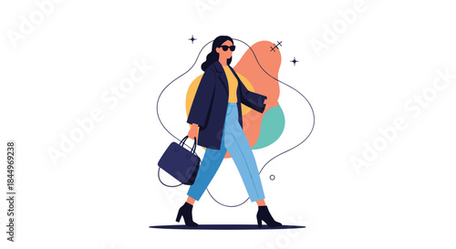 Stylish modern woman in sunglasses and a coat walking confidently with a handbag against an abstract background.