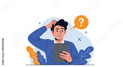 Confused young man holding a tablet and scratching his head with a question mark in a speech bubble above him.