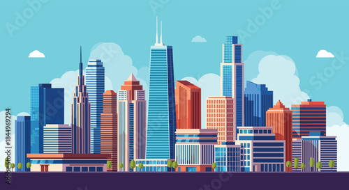 Modern city skyline with a variety of skyscrapers and office buildings under a blue sky with a few white clouds.