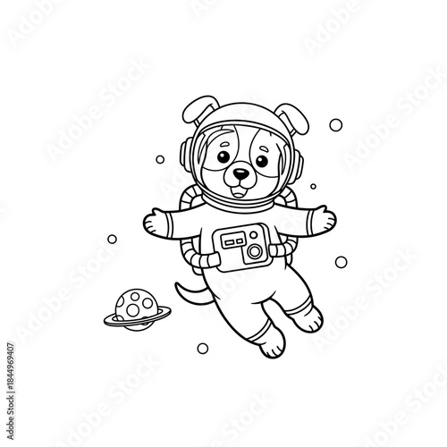 Adorable Cartoon Dog Astronaut Floating in Space with Spaceship.