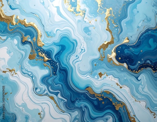 Swirling watercolor design featuring blue, white, and gold colors