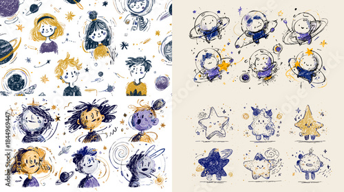 Cute watercolor space animal illustration set featuring playful characters stars planets and cosmic elements perfect for kids decor nursery art stickers and imaginative space themes.