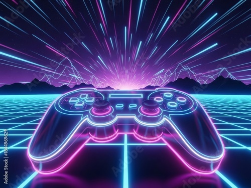 Retro Neon Game Controller on a Digital Grid with Laser Lights.