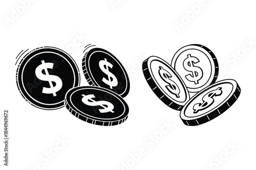 dollar coins icons black silhouette vector set