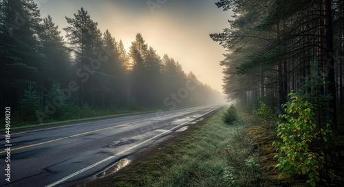 Wallpaper Mural Enigmatic highway vanishing into the misty woods beneath a somber sky at dawn Torontodigital.ca