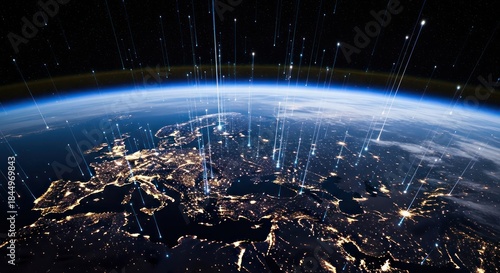 Wallpaper Mural Europe at night illuminated with ethereal light streaks emanating from cities representing global Torontodigital.ca