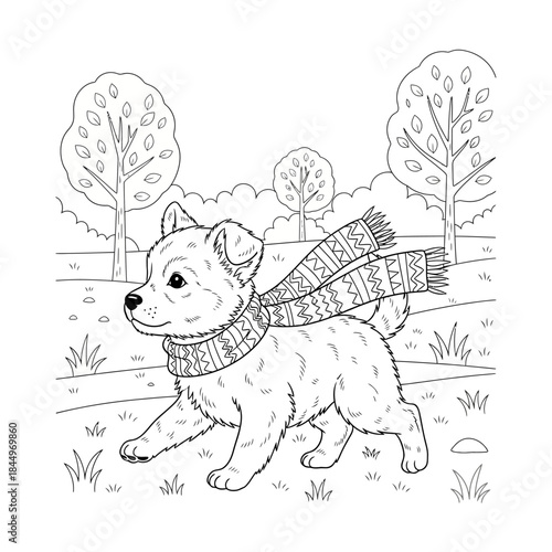 Adorable puppy wearing a cozy patterned scarf walking outdoors.