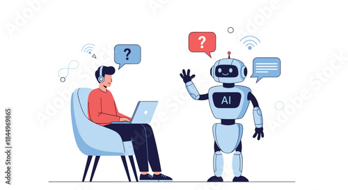 A man with a laptop and headphones asking questions to an AI chatbot robot, representing modern customer support technology.