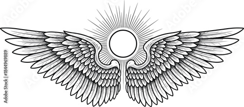 Detailed Black and White Engraving Style Illustration of Stylized Angel Wings Spreading Out Under a Shining Sun or Circle, Symbolizing Freedom and Spirit