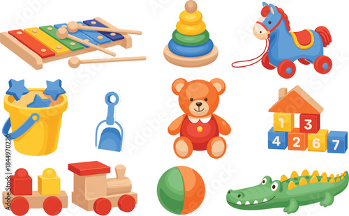 Colorful wooden baby toys collection with xylophone, stacking rings, teddy bear, train, blocks, rocking horse, and play items