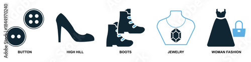 Set of fashion vector for comprehensive style and apparel representation. Symbolizes various clothing items and accessories for diverse use. Ideal for retail categories.