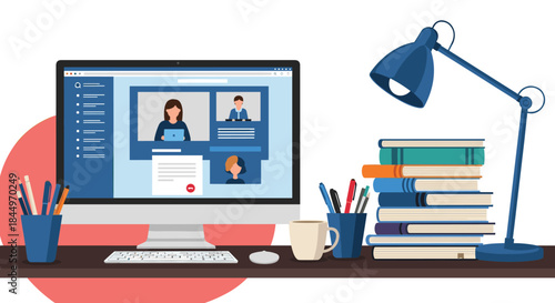Home office or e-learning setup with a computer showing a video conference, a stack of books, and a desk lamp.