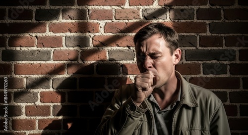Wallpaper Mural Man Coughing Against Brick Wall, Portraying Illness and Respiratory Concerns Torontodigital.ca