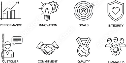Business values icon set, performance, innovation, goals, integrity, customer focus, commitment, quality, teamwork, flat vector illustration