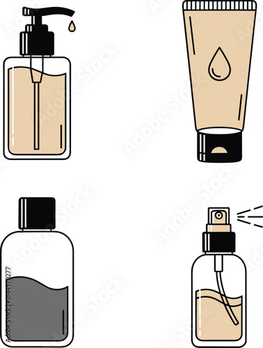 Cosmetic packaging icons, pump bottle, squeeze tube, shampoo container, spray bottle, personal care set, flat vector illustration