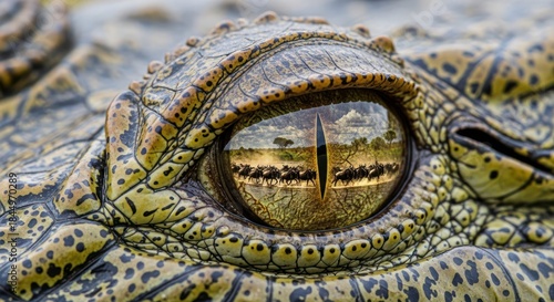 Wallpaper Mural Nile crocodile's eye reflecting a migrating herd, an intimate wildlife portrait captured in a Torontodigital.ca