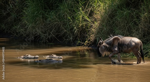 Wallpaper Mural Risky River Crossing: Wildebeest Encounters Crocodiles in Murky Waterway Safari Adventure Torontodigital.ca