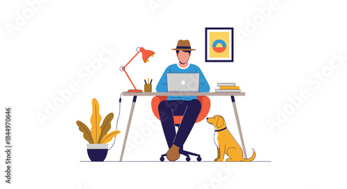 Man working on a laptop at his desk in a cozy home office with his loyal dog sitting by his side.