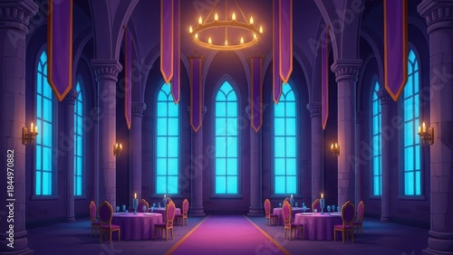 A grand gothic ballroom interior featuring purple banners and glowing arched windows set for a banquet