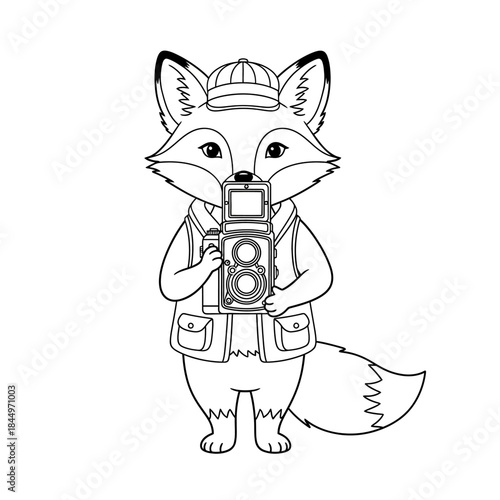 Cute Fox Photographer Wearing a Hat and Vest Holding a Vintage Camera.