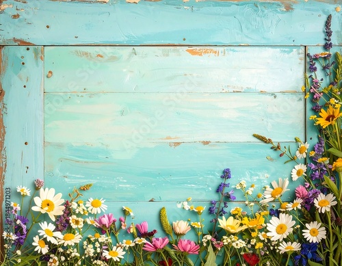 Turquoise wooden frame adorned with colorful wildflower arrangement