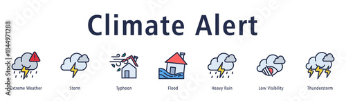 Climate Alert web banner icon vector illustration with icons of Extreme Weather, Storm, Typhoon, Flood, Heavy Rain, Low Visibility, and Thunderstorm.