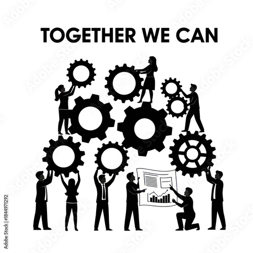 Teamwork Silhouettes Assembling Gears Together.