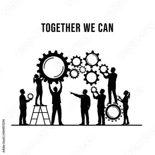 Teamwork Silhouettes Assembling Gears Together.