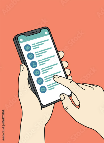 Illustration of hands holding and tapping a smartphone screen displaying email or text messages, Concept of communication, connection, and technology