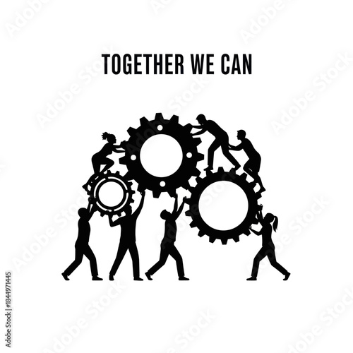Silhouettes of People Working Together Gears.