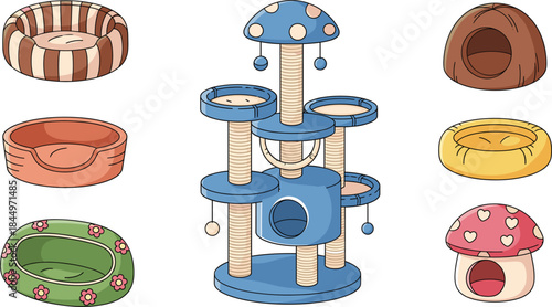 Cute cat furniture and accessories set with scratching tree, cozy beds, mushroom houses, and pet resting places vector illustration