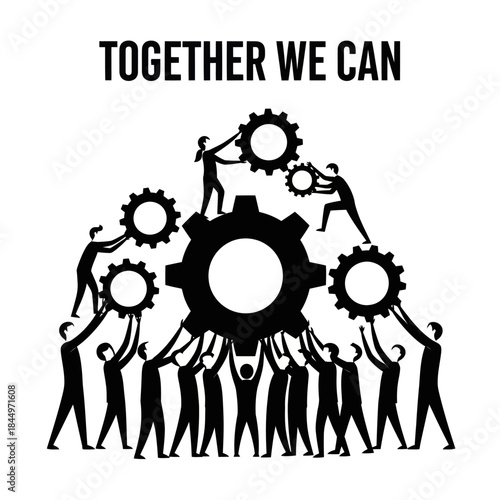 Teamwork Silhouette People Working Together Gears.