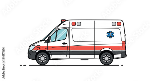 Side view illustration of a modern ambulance van, representing emergency medical services and healthcare transportation.