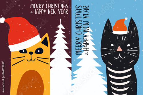 Merry Christmas, Happy New Year cat poster pack. Vector illustration collection with cute cats in Santa hats with Christmas trees for postcard, print, cover, brochure. Retro, cartoon