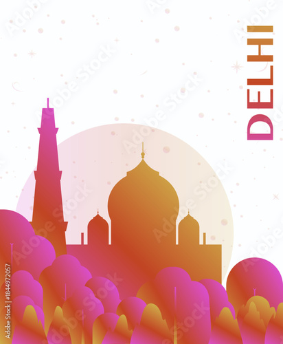 Delhi, India gradient futuristic poster. Vector landmark abstract silhouette graphic for brochure, vertical page, booklet, cover