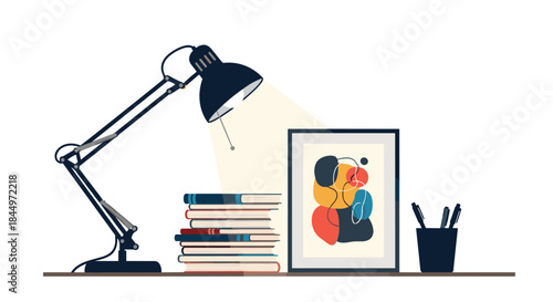 Modern workspace illustration with a desk lamp illuminating a stack of books, an abstract art frame, and a pen holder.