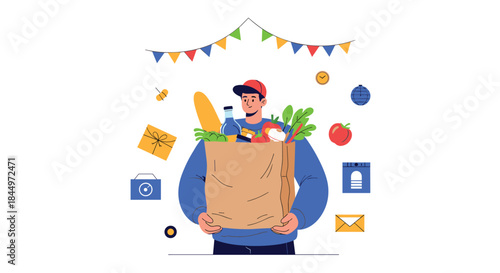 Happy young man holding a large paper grocery bag full of fresh food items under a colorful festive garland.