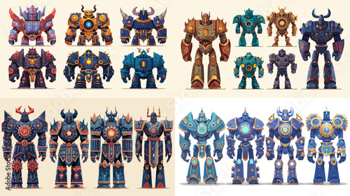 Detailed fantasy robot warrior illustration set featuring armored machines in varied poses ideal for game design sci fi art character concepts and action themed visuals.